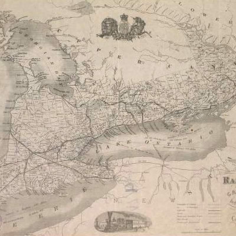 A historical map of the Great Lakes region, showing the states of New York, Pennsylvania, Ohio, and parts of Canada, with various towns, rivers, and lakes marked, including the focus on railroads in the area.