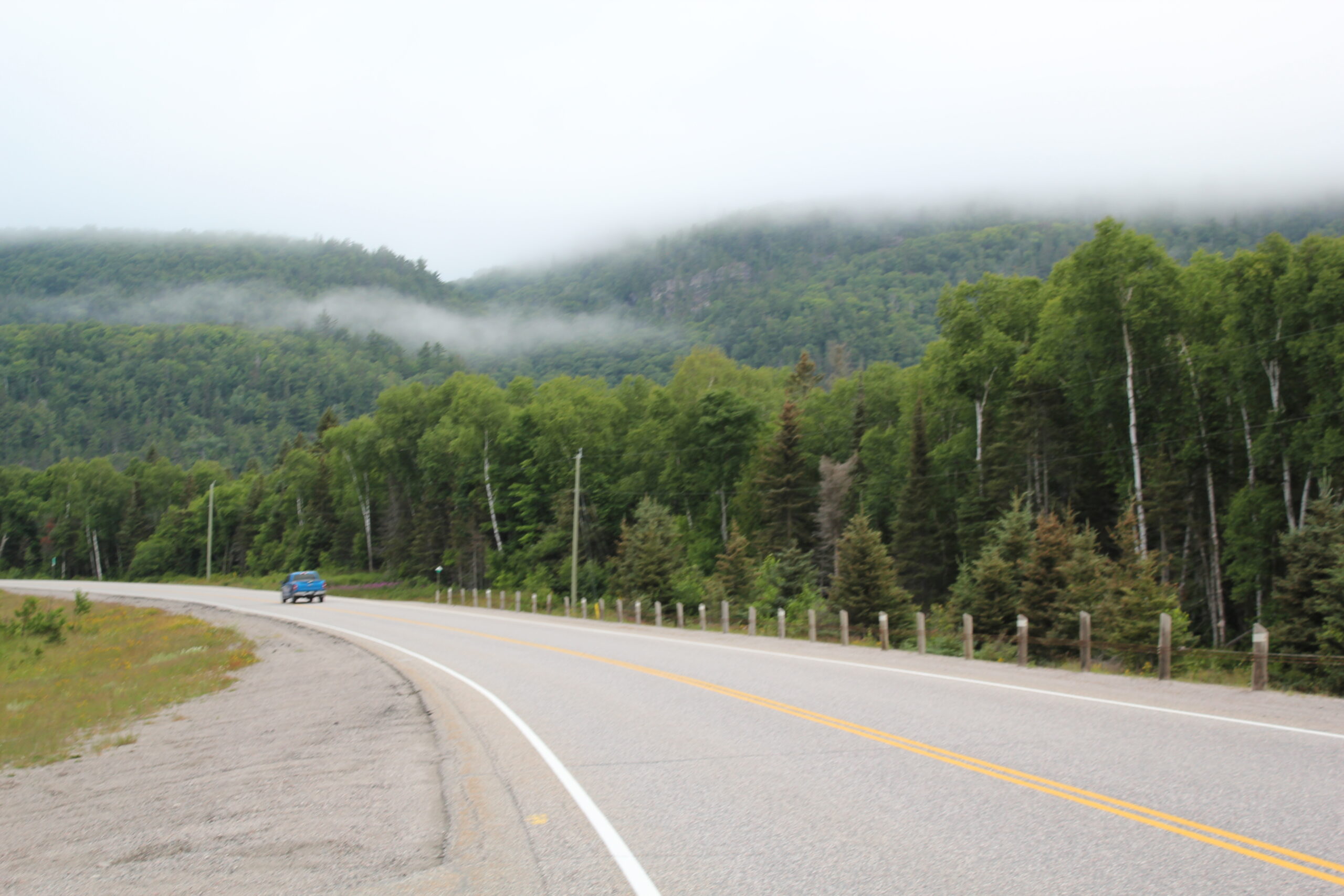 A scenic road with a blue car driving, flanked by lush green trees and fog-covered mountains in the background.